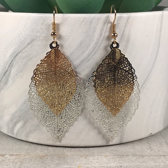 COPY - Golden Silver Leaf Earring - Picture 2 of 3